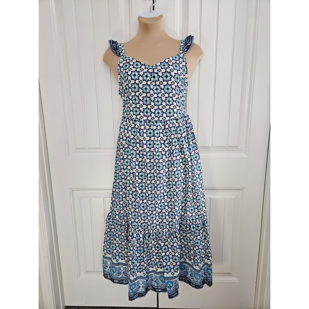 Lucky Brand Tiered Maxi Dress Sz L Cotton Ruffles Boho Stretchy Back Smocked